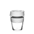 A KeepCup Design Your Own Brew reusable coffee cup with a clear tempered glass body, light grey silicone band, and white lid, shown against a plain white background.