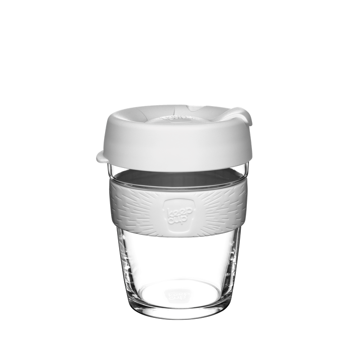 A KeepCup Design Your Own Brew reusable coffee cup with a clear tempered glass body, light grey silicone band, and white lid, shown against a plain white background.