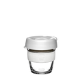 KeepCup Brew XS 6oz reusable glass coffee cup in a custom design featuring a clear glass base, white silicone band with KeepCup logo, and white plastic lid with sipper, shown against a plain white background.