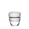 KeepCup Brew in a custom design featuring a clear glass cup with a light grey silicone band and white lid, shown against a plain white background.