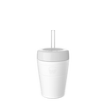 A white Design Your Own Commuter Cold Cup - M 12oz shown from the front against a plain white background, featuring a matching white lid with a clear straw inserted at an angle, and the embossed KeepCup logo visible on the cup body.