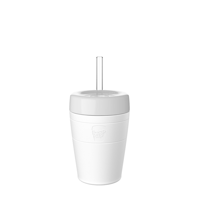 A white Design Your Own Commuter Cold Cup - M 12oz shown from the front against a plain white background, featuring a matching white lid with a clear straw inserted at an angle, and the embossed KeepCup logo visible on the cup body.