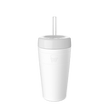 A white Design Your Own Commuter Cold Cup L 16oz shown in a clean product shot against a white background, featuring a matching white lid with a clear reusable straw and the KeepCup logo embossed on the cup body.