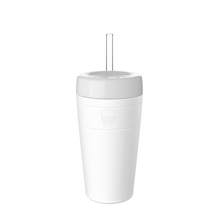 A white Design Your Own Commuter Cold Cup L 16oz shown in a clean product shot against a white background, featuring a matching white lid with a clear reusable straw and the KeepCup logo embossed on the cup body.