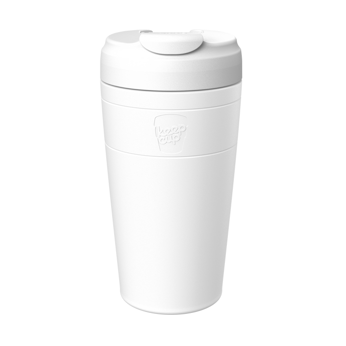 White KeepCup Commuter L 16oz reusable coffee cup shown in a front-facing product shot against a plain white background, featuring the KeepCup logo embossed on the cup body and a secure flip-top lid.