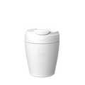 A white Design Your Own Commuter reusable coffee cup shown from a front angle against a plain white background, featuring the embossed KeepCup logo on the cup body and a flip-top lid with sipper closure.