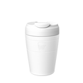 A white Design Your Own Commuter KeepCup reusable coffee cup shown against a plain white background, featuring the embossed KeepCup logo on the body and a flip-top lid with sipper opening.