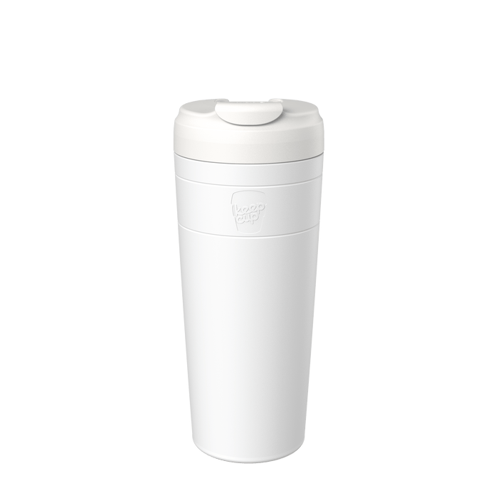 White Design Your Own Commuter XL 20oz reusable coffee cup shown in a straight-on product shot against a plain white background, featuring the KeepCup logo embossed on the body and a flip-top lid.