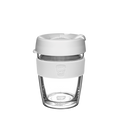 KeepCup Design Your Own Longplay M 12oz reusable coffee cup with clear double-walled glass body, light grey silicone band and matching grey lid, shown against a white background.