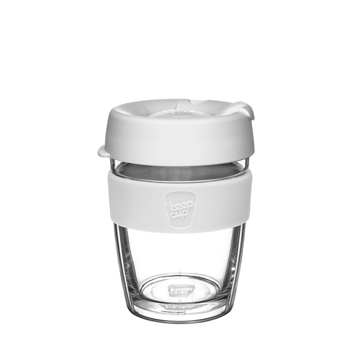 KeepCup Design Your Own Longplay M 12oz reusable coffee cup with clear double-walled glass body, light grey silicone band and matching grey lid, shown against a white background.