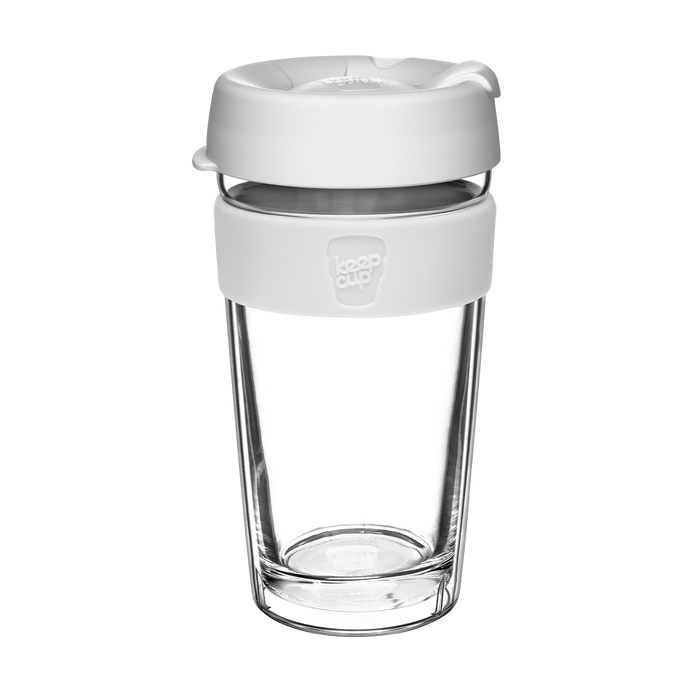 KeepCup Design Your Own Longplay L 16oz reusable coffee cup with double-walled clear glass body, light grey silicone band and matching grey lid, shown from a front angle against a white background.