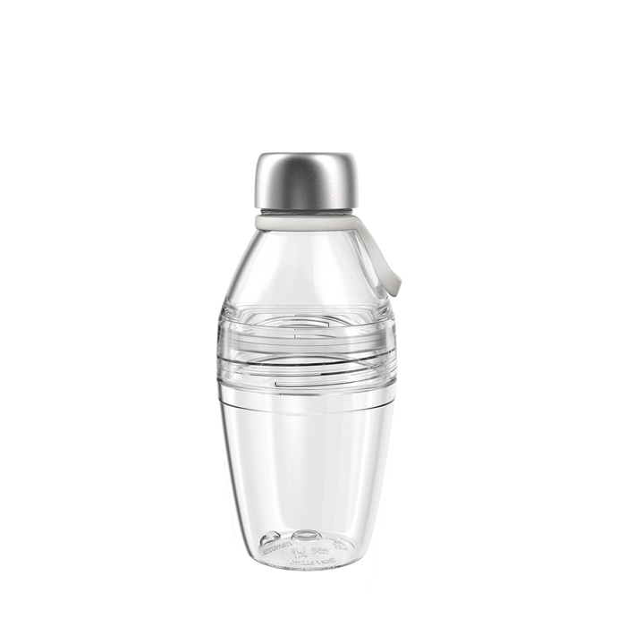 KeepCup Helix Bottle Light in clear plastic with silver stainless steel lid, shown from a front angle against a white background, featuring a carry loop and measurement markings visible through the transparent body.