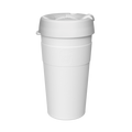 Design Your Own Thermal L 16oz reusable coffee cup in all-white, shown in a straight-on studio shot against a plain white background, featuring the KeepCup logo embossed on the band and a secure lid with sipper opening.