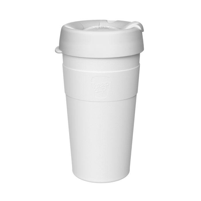 Design Your Own Thermal L 16oz reusable coffee cup in all-white, shown in a straight-on studio shot against a plain white background, featuring the KeepCup logo embossed on the band and a secure lid with sipper opening.