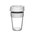KeepCup Original L 16oz reusable coffee cup in clear plastic with white lid, grey band and silicone grip sleeve, shown against a plain white background in a product studio shot.