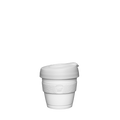A Design Your Own Original XXS 4oz KeepCup in all-white, featuring a white plastic cup, matching white silicone band with embossed KeepCup logo, and white lid with sipper closure, shown against a plain white background.