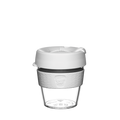 KeepCup Design Your Own Original S 8oz reusable coffee cup in clear tritan plastic with white lid and light grey silicone band, shown against a plain white background in a front-facing product shot.