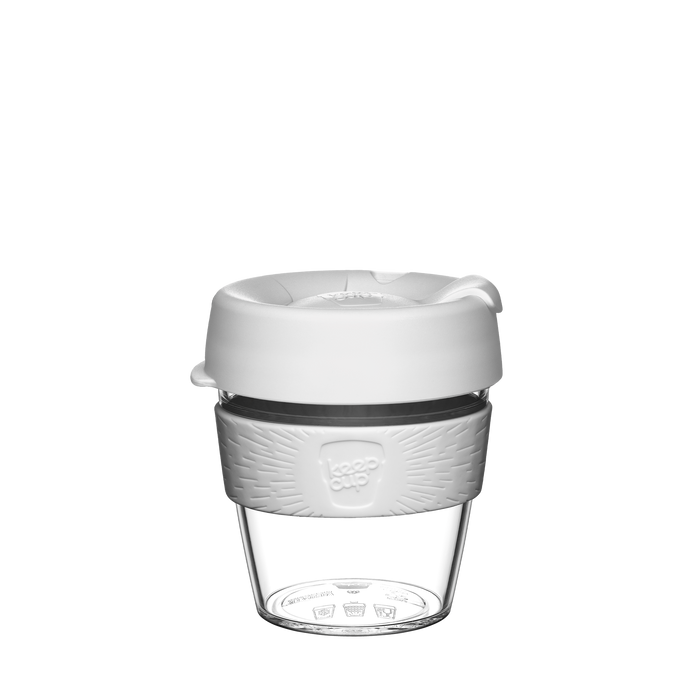 KeepCup Design Your Own Original S 8oz reusable coffee cup in clear tritan plastic with white lid and light grey silicone band, shown against a plain white background in a front-facing product shot.