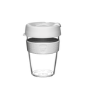 KeepCup Original M 12oz reusable coffee cup in clear plastic with white lid and light grey band, shown against a plain white background in a product studio shot.