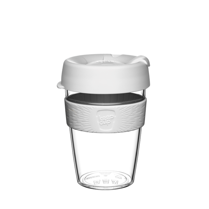 KeepCup Original M 12oz reusable coffee cup in clear plastic with white lid and light grey band, shown against a plain white background in a product studio shot.