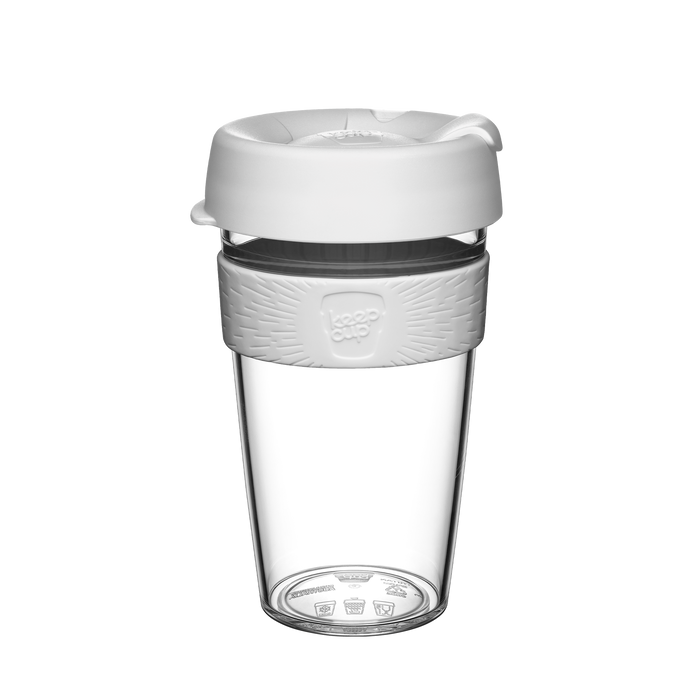 KeepCup Original L 16oz reusable coffee cup in clear plastic with white lid, grey band and silicone grip sleeve, shown against a plain white background in a product studio shot.