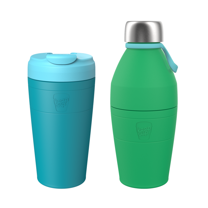 KeepCup Deskside Warrior set in Eden Emerald, featuring a blue reusable thermal cup with flip-top lid alongside a green water bottle with stainless steel cap and carry loop, displayed against a white background.