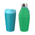 KeepCup Deskside Warrior set in Eden Emerald, featuring a blue reusable thermal cup with flip-top lid alongside a green water bottle with stainless steel cap and carry loop, displayed against a white background.