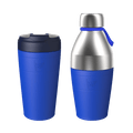 KeepCup Deskside Warrior set in Electric blue, featuring a reusable thermal cup with dark navy lid alongside a stainless steel water bottle with matching blue silicone base and carry loop, displayed against a white background.