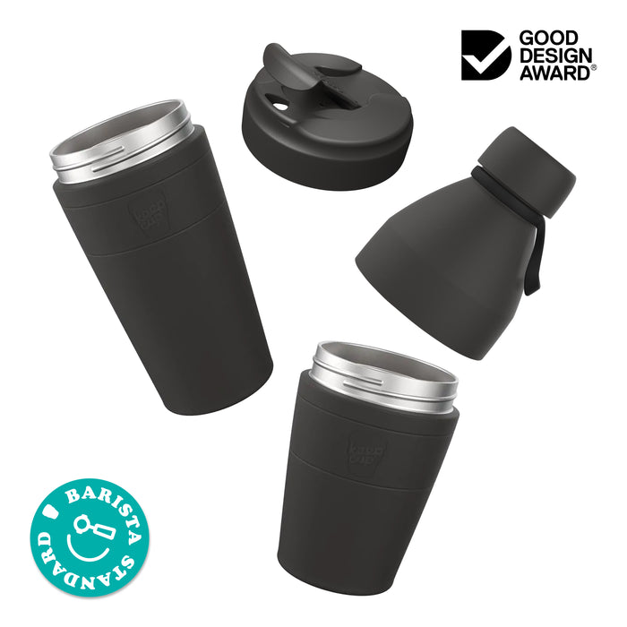 Exploded view of the KeepCup Deskside Warrior, showing four components: tall and short stainless steel cups, a flip-top lid, and a stainless steel bottle attachment with carry loop. Features Good Design Award and Barista Standard badges.