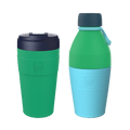 KeepCup Deskside Warrior set in Emerald Cloud, featuring a green reusable coffee cup with dark navy lid alongside a matching water bottle with green and light blue body, shown against a white background.