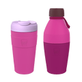 KeepCup Deskside Warrior set in Grenache colour, featuring a pink reusable coffee cup with lavender lid alongside a matching pink and magenta water bottle with burgundy cap and carry strap, displayed against a white background.