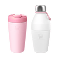 KeepCup Deskside Warrior Pashmak set featuring a pink reusable travel cup with flip-top lid alongside a white insulated bottle with stainless steel cap and pink carry loop, shown against a white background.