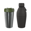 KeepCup Deskside Warrior set in Pine Black, featuring a stainless steel thermal cup with olive green lid alongside a dark grey reusable water bottle with carry loop, shown against a white background.