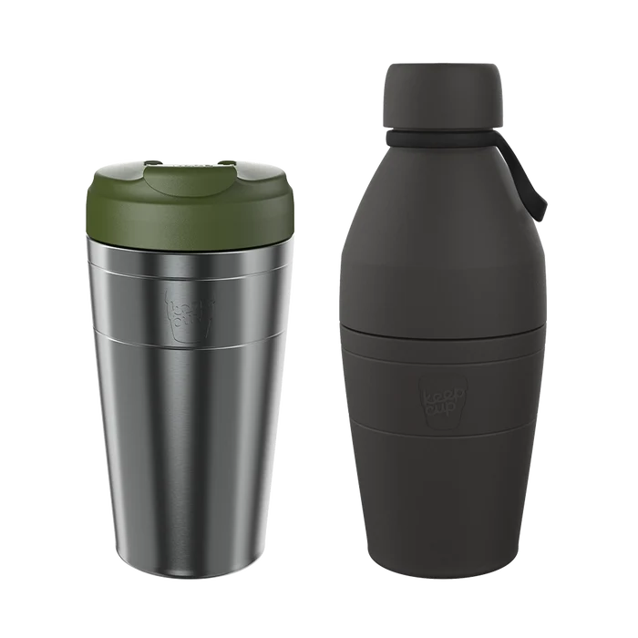 KeepCup Deskside Warrior set in Pine Black, featuring a stainless steel thermal cup with olive green lid alongside a dark grey reusable water bottle with carry loop, shown against a white background.