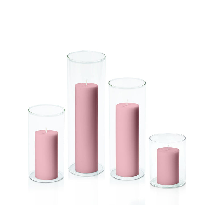 Dusty Pink 5cm Pillar in 8cm Glass, Sm - Set of 6