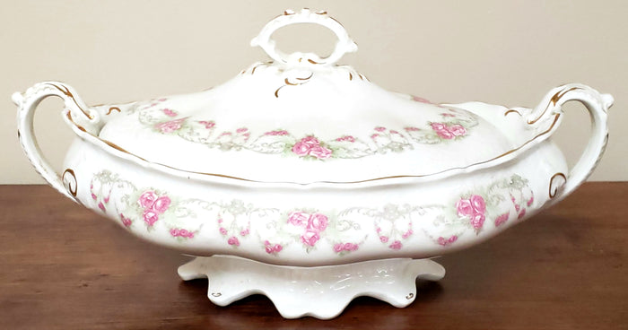 Early Oval Covered Vegetable Bowl, Pink Rose Swags by Johnson Brothers England