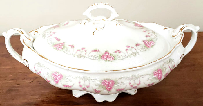 Early Oval Covered Vegetable Bowl, Pink Rose Swags by Johnson Brothers England