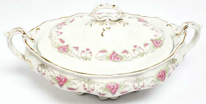 Early Oval Covered Vegetable Bowl, Pink Rose Swags by Johnson Brothers England
