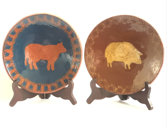 Early Pair of Ned Foltz Art Pottery Redware Plates - Cow and Pig c. 1982 & 1983