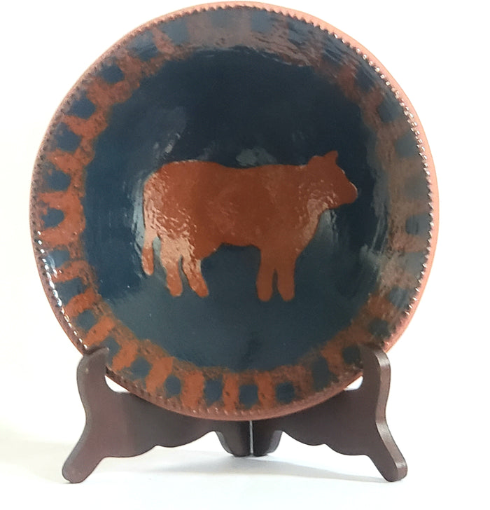 Early Pair of Ned Foltz Art Pottery Redware Plates - Cow and Pig 1982 & 1983