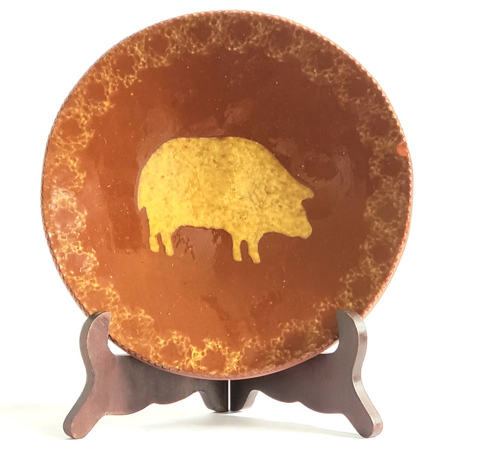 Early Pair of Ned Foltz Art Pottery Redware Plates - Cow and Pig 1982 & 1983