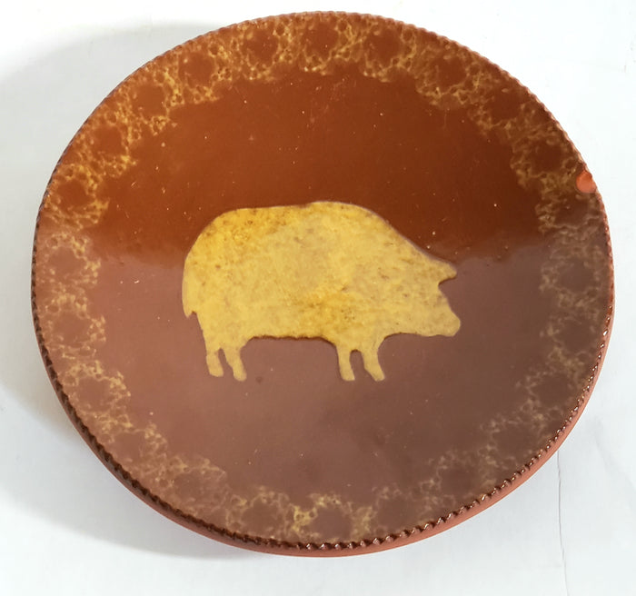 Early Pair of Ned Foltz Art Pottery Redware Plates - Cow and Pig 1982 & 1983