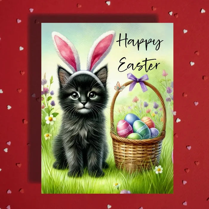 Easter Black Cat Greeting Card – Cute Bunny Ears Cat Spring Greeting