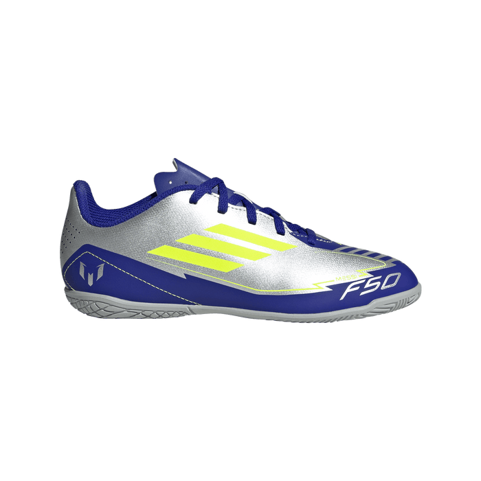 adidas F50 Club Indoor Messi Soccer Shoes | Silver Metallic / Solar Yellow / Lucid Blue | Kid's