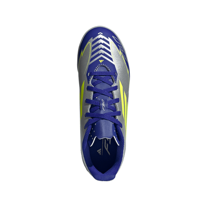 adidas F50 Club Indoor Messi Soccer Shoes | Silver Metallic / Solar Yellow / Lucid Blue | Kid's
