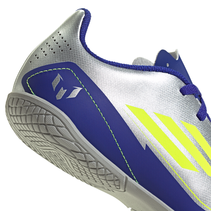 adidas F50 Club Indoor Messi Soccer Shoes | Silver Metallic / Solar Yellow / Lucid Blue | Kid's
