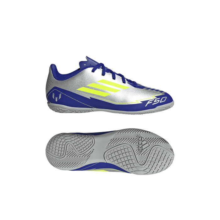 adidas F50 Club Indoor Messi Soccer Shoes | Silver Metallic / Solar Yellow / Lucid Blue | Kid's