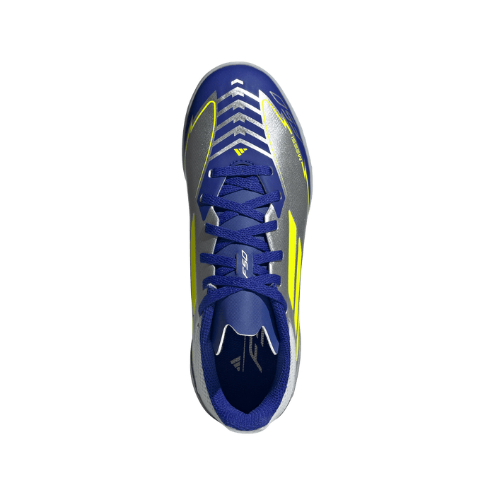 adidas F50 League Artificial Turf Messi Soccer Shoes | Silver Metallic / Solar Yellow / Lucid Blue | Kid's