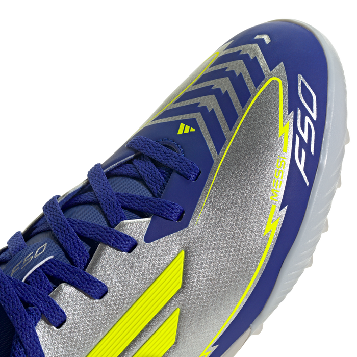 adidas F50 League Artificial Turf Messi Soccer Shoes | Silver Metallic / Solar Yellow / Lucid Blue | Kid's