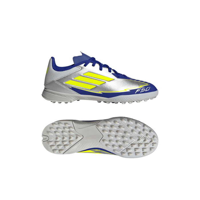 adidas F50 League Artificial Turf Messi Soccer Shoes | Silver Metallic / Solar Yellow / Lucid Blue | Kid's